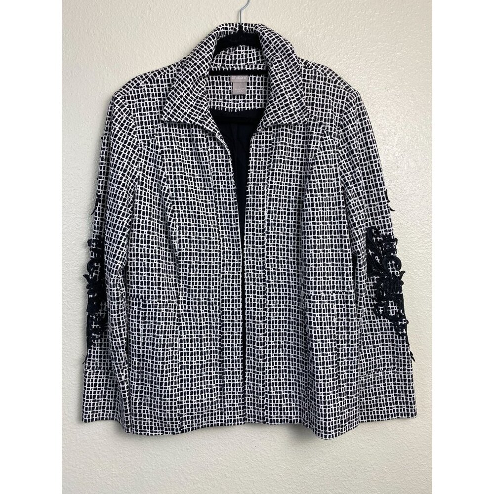 Chico’s 1 Black White Floral Appliqué Lace Blazer Jacket Size 8/10 Office Career